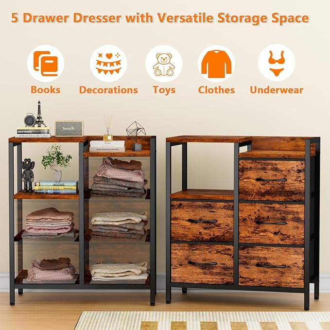 Furnulem 5 Drawer Rustic Brown Dressers for Bedroom 2 Tier Shelf Storage Small Fabric Dresser for Closet Sturdy Metal Frame Modern Style Storage Cabinets Organization Units for Hallway Rooms-NeatNest