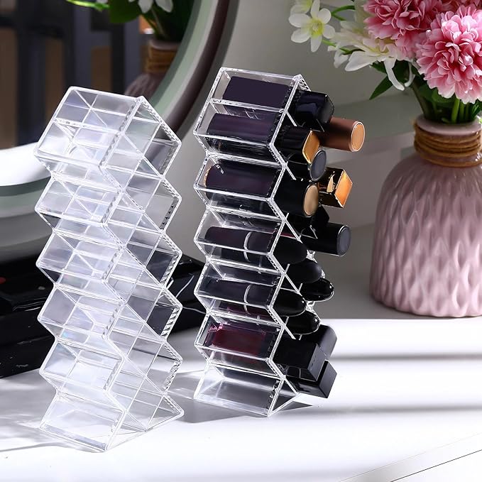 2 Pack Acrylic Lipstick Holder Organizer 32 Slots Clear Lip Gloss Holder Organizers Stackable Fish Shape Lipsticks Tower Lipstick Case Display Stand Storage Box for Makeup Cosmetic Vanity drawer-NeatNest