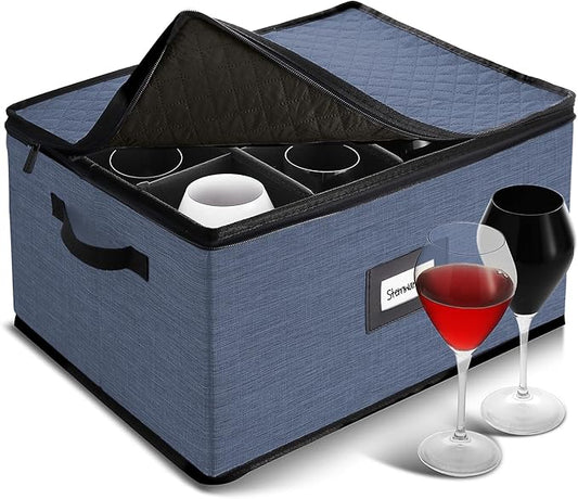 Hearth & Harbor Wine Glass Storage Box with Dividers, Quilted and Stackable Stemware Storage Cases, Service of 12 Glass China Container Hard Shell for Moving and Organization, Blue-NeatNest