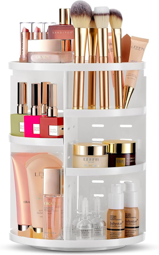 Masirs 360 Rotating Makeup Organizer - Adjustable Shelf Height and Fully Rotatable. The Perfect Cosmetic Organizer for Bedroom Dresser or Vanity Countertop. (White)-NeatNest