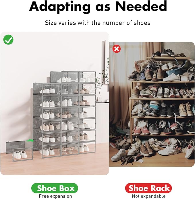 Shoe Storage Box, 15 Pack Clear Plastic Stackable Shoe Organizer for Closet, Interlocking Design Shoe Container Bins for Sneakers, Foldable Shoe Rack with Lids, Gray-NeatNest