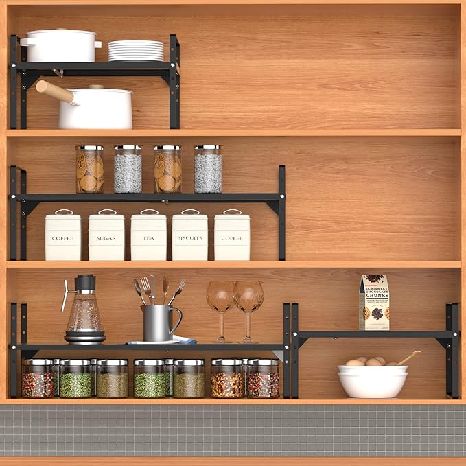 Expandable Kitchen Cabinet Shelf Organizers 3 Pack, Stackable Metal Pantry Storage Shelves Rack, Adjustable Counter Shelf for Cabinets, Countertop, Cupboard Organizers and Storage, Black-NeatNest