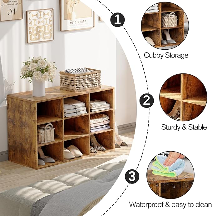 Garden 4 you Shoe Storage Bench, Cubby Shoe Rack with 9 Cubbies, 3-Tier Wood Shoe Rack Organizer, Shoe Organizer Cabinet for Entryway, Hallway, Closet and Garage, Brown-NeatNest