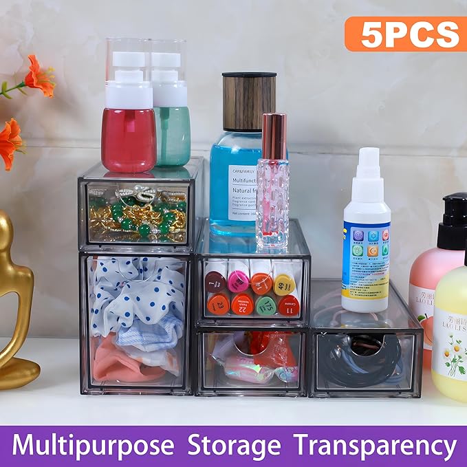 5 Pack Acrylic Makeup Organizer Clear Stackable Storage Drawers Tall Acrylic Bathroom Makeup Organizer for Cosmetic,Beauty Supplies,Ideal for Vanity, Undersink,Cabinet,Desk Home Organization-NeatNest