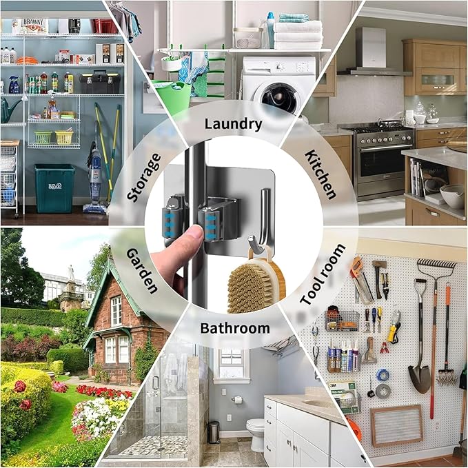 Mop Broom Holder-Self Adhesive Stainless Steel Broom Hanger Organizer for Bathroom, Kitchen, Office，Utility Room，Laundry Room,Home Garden, Garage Storage and Organization Rack(Silver gray-4Psc)-NeatNest