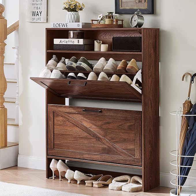 Shoe Storage Cabinet with 2 Flip Drawers,Farmhouse Narrow Shoe Organizer with Legs,Freestanding Hidden Slim Shoe Rack Cabinet with Open Storage for Entryway,Hallway, Foyer, Rustic Brown-NeatNest