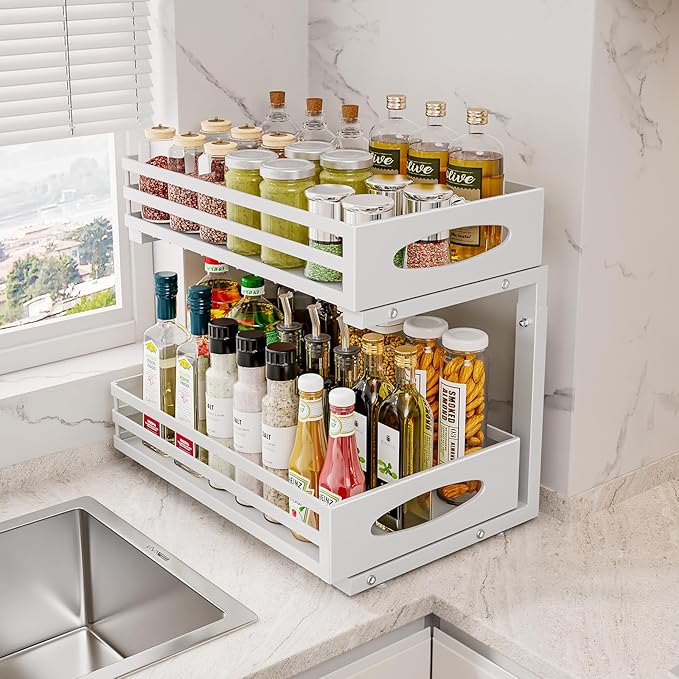 Under Sink Organizer, 2 Tier Under Sink Organizers and Storage, Adjustable Height, Slide Out Metal Cabinet Organizers, Pull Out Cabinet Storage Drawer Shelf for Kitchen Bathroom White, 1 Pack-NeatNest