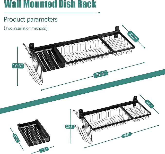 Adjustable Stainless Steel Wall Mounted Over the Sink Dish Drying Rack, Large Capacity Pot Rack Dish Rack with Utensil Holder for Kitchen Storage Organizer Patent Pending (Black)