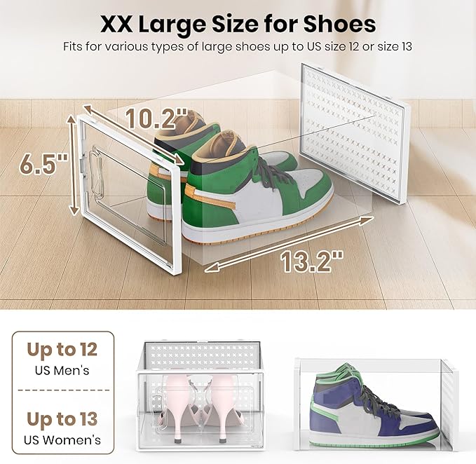 12 Pack XXX-Large Modular Clear Plastic Stackable Shoe Storage Organizer for Closet, Space Saving Versatile Sneaker Shoe Rack Containers Bins Holders, Portable Closet Organizers and Storage, White-NeatNest