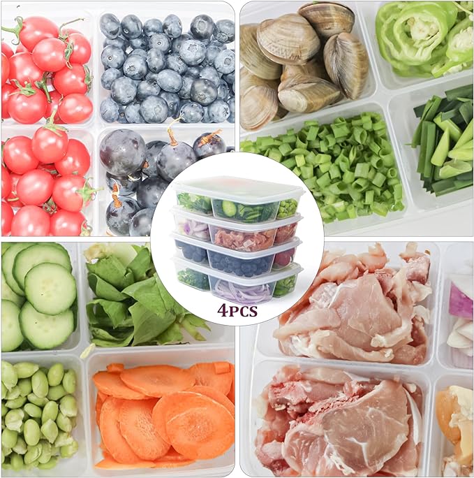 4 Pcs Reusable 4 Compartment Food Storage Containers with Lids, Food Containers for Storing fruits, Meat, Vegetables.