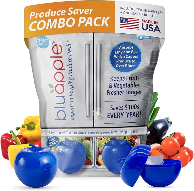 Bluapple Ethylene Gas Absorber Produce Saver Combo Pack - Keeps Fruits & Veggies Fresh in Refrigerator, Lasts up to 3 Months, 8 Packets and 2 Bluapples for 1 Year, Produce Storage, BPA Free, USA Made-NeatNest