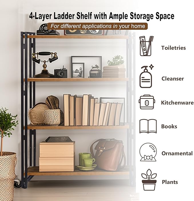 47" 5-Tier Bookshelf Rustic Wood and Metal Industrial Bookshelf for Home Office, Bedroom, Kitchen, Bathroom (Rustic Brown, 5-Tier)-NeatNest