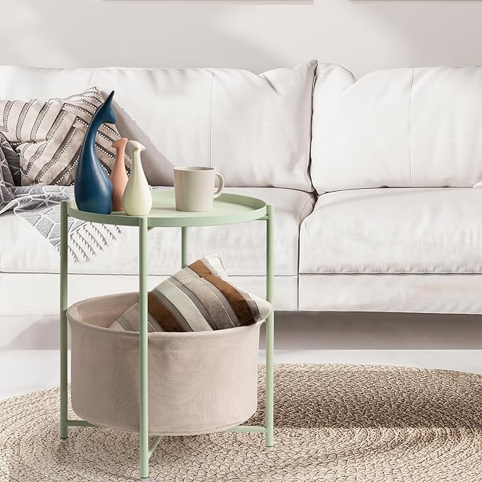 danpinera Round Side Table with Fabric Storage Basket, Metal Side Table Small Bedside Nightstand with Removable Tray Top for Living Room, Bedroom, Nursery, Laundry, Light Green-NeatNest
