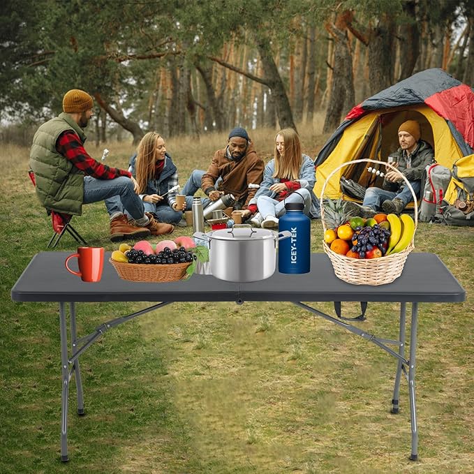 6 Foot Folding Table Small Table Multipurpose Indoor Outdoor Heavy Duty Camping Table Portable Picnic Table Fold-in-Half Utility Dining Table Lock for Picnic,Party,Camping,Black-NeatNest