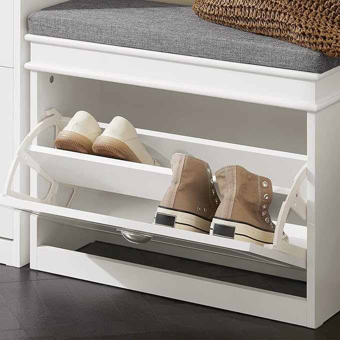 Haotian White Hallway Shoe Bench, Narrow Shoe Rack Entryway, Small Shoe Cabinet with 1 Flip-Drawer and Seat Cushion, FSR82-K-W-NeatNest
