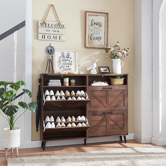 Shoe Storage Cabinet,Farmhouse Shoe Organizer with 4 Flip Drawers & Barn Door Design,Freestanding Hidden Slim Narrow Shoe Rack Cabinet with Open Shelves for Entryway,Foyer,Hallway,Walnut-NeatNest