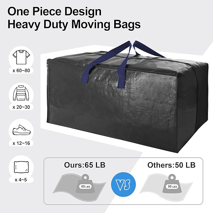 12 Pack Heavy Duty Extra Large Moving Bags W/Backpack Straps - Strong Handles & Zippers, Storage Totes For Space Saving, Fold Flat, Alternative to Moving Box and Storage Bin, Black