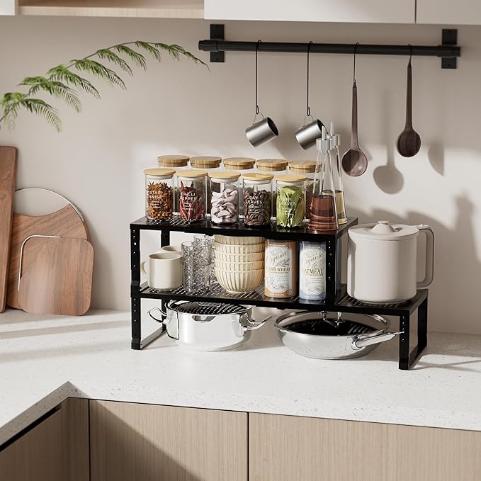 Expandable Spice Rack & Kitchen Cabinet Organizer - Stackable, Adjustable Shelves for Cabinets, Countertops, Cupboards & Pantries(2 Packs/Medium/Black)-NeatNest