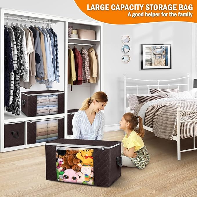 Budding Joy Clothes Storage, Foldable Large Storage Bags, Storage and Organization for Clothing, Blanket, Comforter, Clothes, Pillows, Closet Organizers with Enhanced Handle, 60L 6 Pack Brown-NeatNest