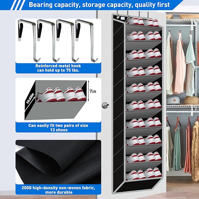 Heavy-Duty, over the door shoe organizer, Extra Large 10 Tiers, over door shoe organizer, coated hooks grip firmly without scratching paint,75LB, door shoe rack,Grey-NeatNest
