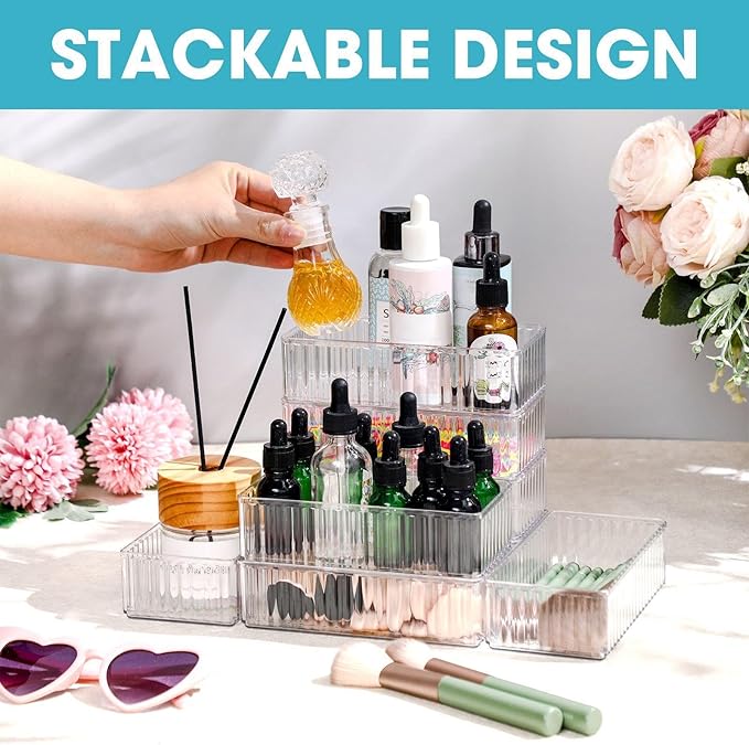 8 Pcs Clear Drawer Organizers Bins Stackable Makeup and Vanity Organizer Trays Clear Plastic Drawer Organizers Set for Office Desk Dividers (6.3 x 3.15 x 1.8 Inches)