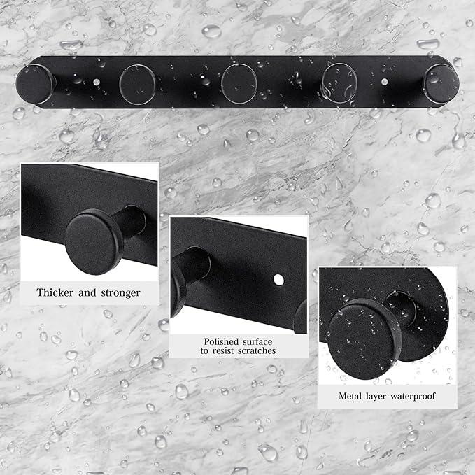 Coat Hooks Wall Mounted, Black Coat Rack with 5 Hooks Adhesive & Screw in Door Hooks Heavy Duty Coat Hanger Towel Hooks for Wall Towels Clothes Hat-NeatNest