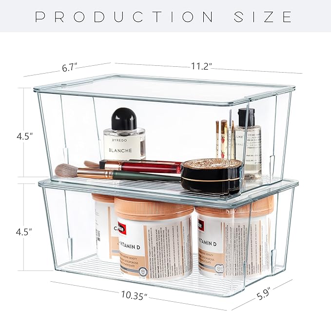 Hudgan Clear Plastic Storage Organizer Bins with Acrylic Lids for Home Office, Kitchen, Cupboard, Pantry Shelves, Medicine Cabinet, Craft Rooms - 4.5-Inches Tall - 4 Pack-NeatNest