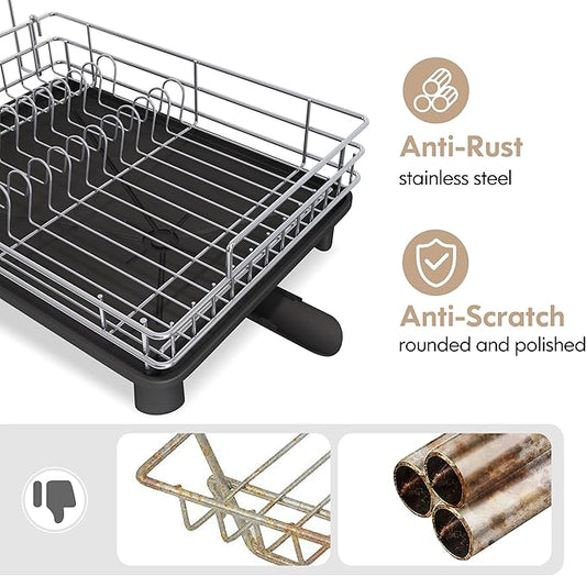 BOOSINY Stainless Steel Dish Drainers Drying Rack for Kitchen Counter with Automatic Drainage, 1 Tier Rust Proof Metal, Space Saving, Modern Aesthetic, Compact Plates Strainers,Gray-NeatNest