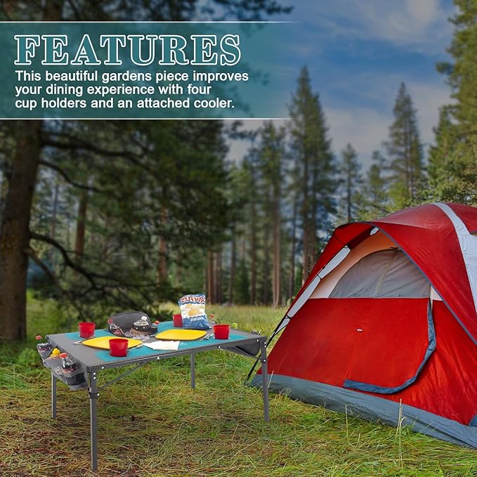 Creative Outdoors Folding Table with Built-in Cooler - Outdoor Portable Camping Table with 4 Cup Holders and Durable Steel Frame - Quality Material (Orange/Gray)-NeatNest