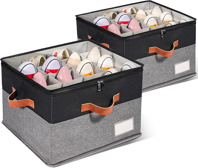 2 Pack Shoe Organizer for Closet, Adjustable Shoe Box Storage Containers, Large Foldable Shoe Bins with Clear Cover, Space Saving Shoes Holder with 4 Handles, Fits 16-32 Pairs, Black-NeatNest