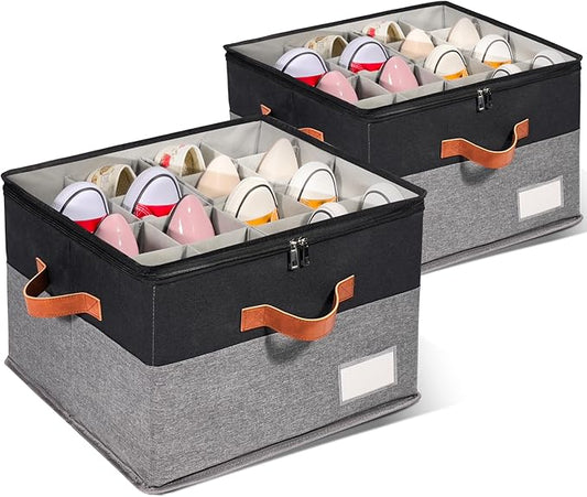 2 Pack Shoe Organizer for Closet, Adjustable Shoe Box Storage Containers, Large Foldable Shoe Bins with Clear Cover, Space Saving Shoes Holder with 4 Handles, Fits 16-32 Pairs, Black-NeatNest