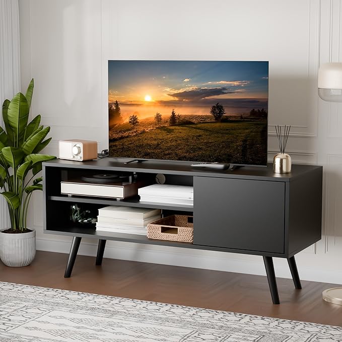 Cozy Castle TV Stand for 48 Inch TV, Mid Century Modern Entertainment Center with Storage Cabinet, TV Media Console for Living Room, Bedroom, Black-NeatNest