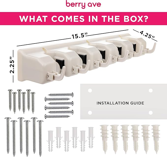 Broom Holder Wall Mount and Garden Tool Organizer, Closet Storage, Kitchen Rack, Home Organization and Garage Organizer for Rake or Mop Handles Up to 1.25-Inches, Hanger Plus 6 Hooks (BEIGE, 1 PACK)-NeatNest