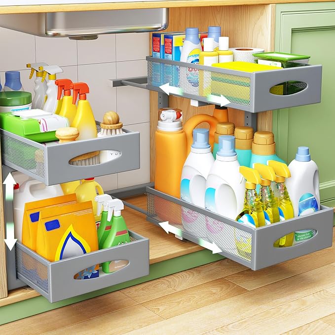 Under Sink Organizer, 2 Tier Pull out Cabinet Organizer Baskets with Mesh Sliding Drawers, Slide out Storage Shelf for Home, Kitchen, Bathroom, Pantry, Office, Countertop(1 Pack,Grey)-NeatNest