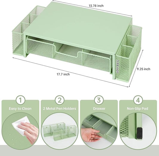 Computer Monitor Stand Riser with Drawer and Pen Holders, Desk Organizer Shelf and Accessories, Office Desk Accessories, Office Organization, Green-NeatNest