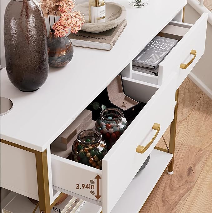 HITHOS Industrial Console Table with Drawers, Vintage Hallway Foyer Table with Storage Shelves, Narrow Long Sofa Entryway Table for Living Room, White/Gold-NeatNest