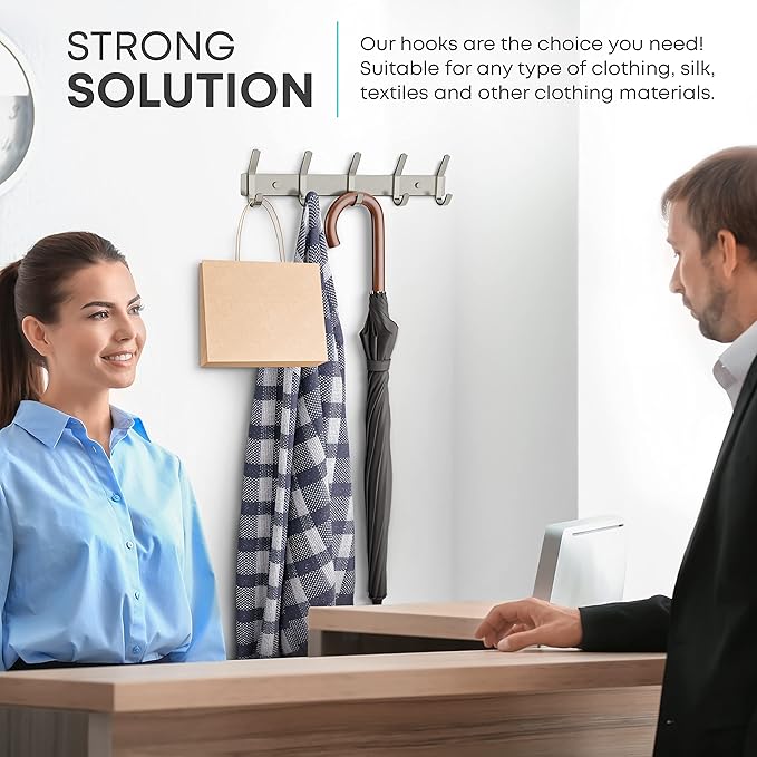 Coat Rack Wall Mount – Brushed Nickel 15 Inch Stainless Steel Hook Rail with 5 Heavy Duty Double Coat Hooks – Wall Mounted Coat Hanger for Entryway, Bathroom, Bedroom, Towel, Hat Organizer-NeatNest