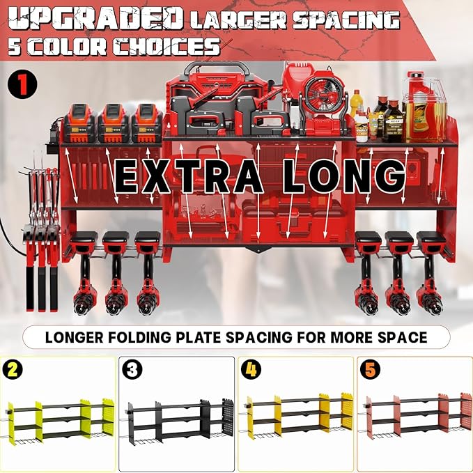45" Large Power Tool Organizer Wall Mount with Charging Station - 3 Layer Storage Racks with 8 Cordless Drill Holder, 4 Hooks, Heavy Duty Garage Tool Organizer Storage for Workshop Pegboard Basement