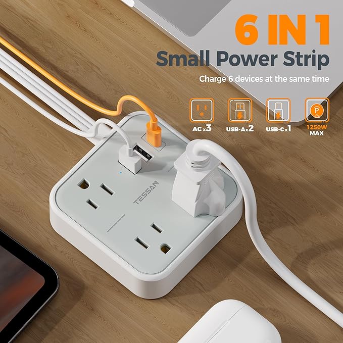 Cruise Essentials, TESSAN Flat Plug Travel Power Strip, Non Surge Protector for Cruise Ship, 3 Outlets 3 USB (1 USB C), 5 FT Extension Cord Small Power Strip with Ring Pull, Portable for Travel-NeatNest