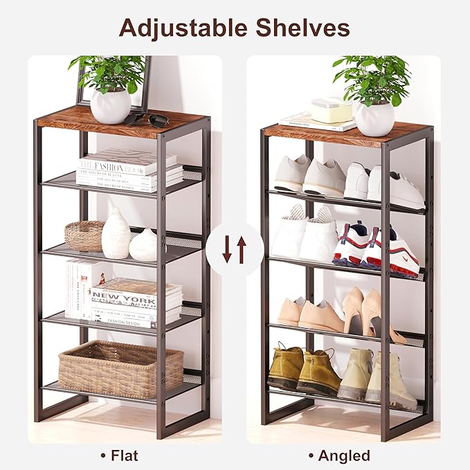 Narrow 5-Tier Shoe Rack, Slim Space-Saving Shelf with Decorative Wood Top & Steel Mesh, Entryway/Closet/Dorm Organizer, 16.5x11.8x36 Inches-NeatNest