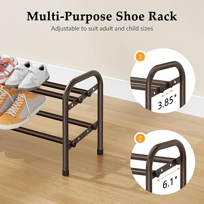 2 Tier Shoe Organizer, Shoe Rack for Closet, 28“ Metal Shelf Can Expandable to 42“, for Bedroom, Entryway, Closet, Garage, Adjustable to 12 Pairs Shoes, Rustic Brown-NeatNest