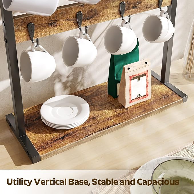 Coffee Mug Holder for Counter, 2 Tier Mug Tree Rack, with 8 Hook and 2 Open Shelves, Vintage Mug Holder Stand for Home Kitchen, Rustic Brown MH43BR-NeatNest