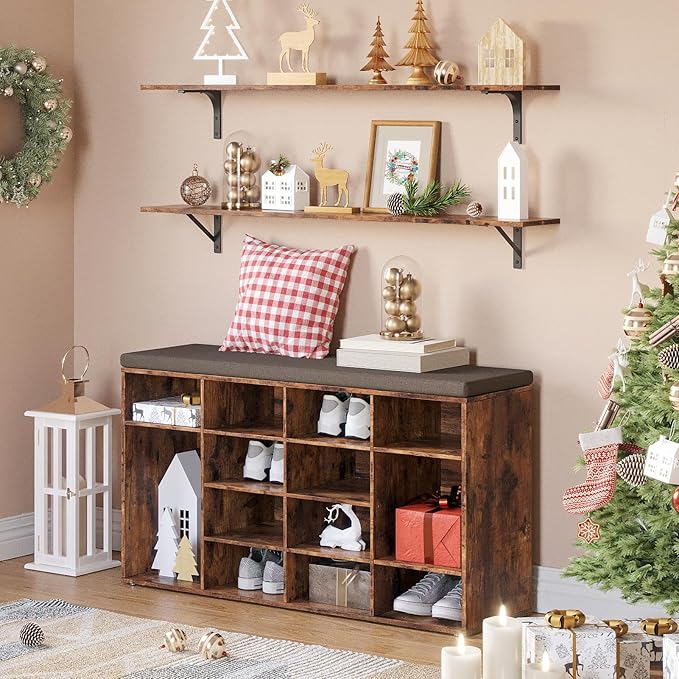 DINZI LVJ Shoe Storage Bench with Cushion, 14-Cubby Shoe Rack, Adjustable Shelves, Multifunctional Shoe Organizer Bench for Entryway, Mudroom, Hallway, Living Room, Bedroom and Garage, Rustic Brown-NeatNest