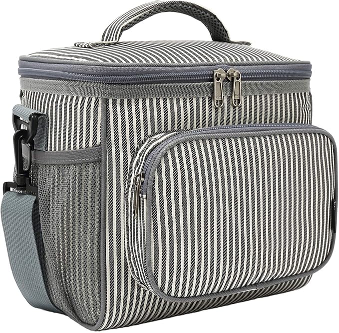 FlowFly Insulated Reusable Lunch Bag Adult Large Lunch Box for Women and Men with Adjustable Shoulder Strap,Front Zipper Pocket and Dual Large Mesh Side Pockets,Stripes-NeatNest