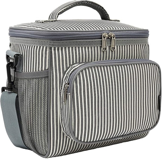 FlowFly Insulated Reusable Lunch Bag Adult Large Lunch Box for Women and Men with Adjustable Shoulder Strap,Front Zipper Pocket and Dual Large Mesh Side Pockets,Stripes-NeatNest
