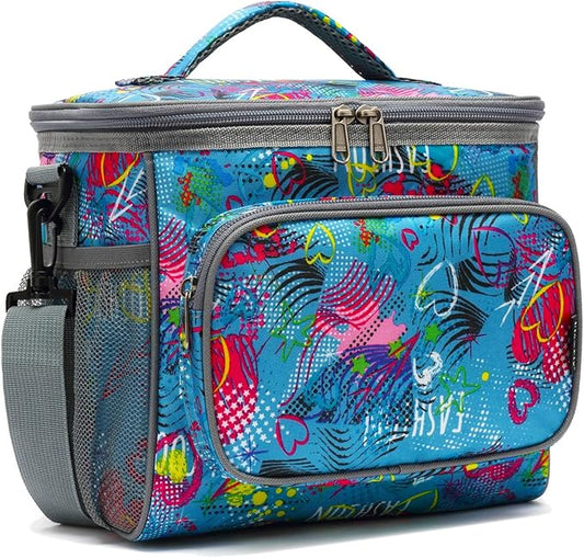 FlowFly Insulated Reusable Lunch Bag Adult Large Lunch Box for Women and Men with Adjustable Shoulder Strap,Front Zipper Pocket and Dual Large Mesh Side Pockets,Heart-NeatNest