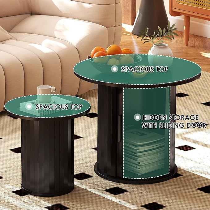 Nesting Coffee Table Set of 2 with Hidden Storage & Sliding Door, Circle Wood Coffee Table, Farmhouse Side & End Table Sets for Living Room, Small Spaces, Black