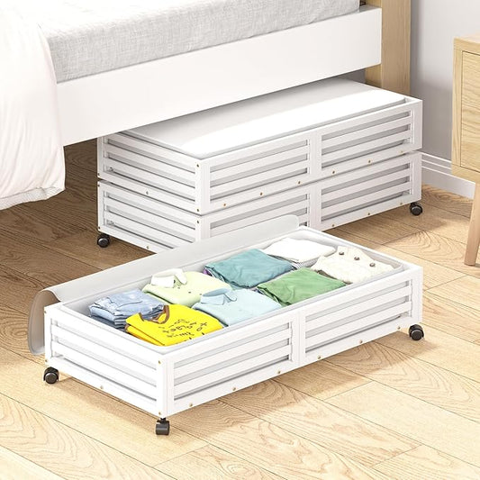 Bamboo Under Bed Storage Containers- Underbed Organizer with Wheels with Large Capacity Dust Bag,Sturdy Wood Rolling Under Bed Shoe Storage Organizer 2 Packs (White, 1 Packs (23.62"×16.54"))-NeatNest