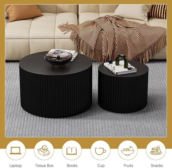 Round Coffee Table Set of 2 Modern Nesting Coffee Tables Wooden Drum Coffee Tables with Non-Slip Feet, Circle Nesting Tables End Table for Living Room Office, No Assembly (Black 18.9"+14.96")