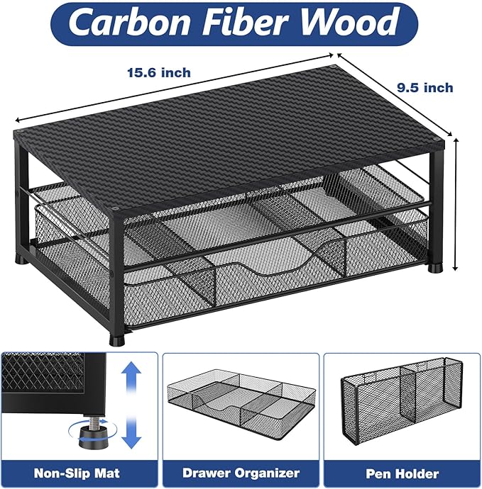 Desk Organizers and Accessories, 2-Tier Computer Monitor Stand Riser with Drawer and 2 Pen Holders, Laptop Stand, Office Desk Accessories for Office Supplies, Carbon Fiber